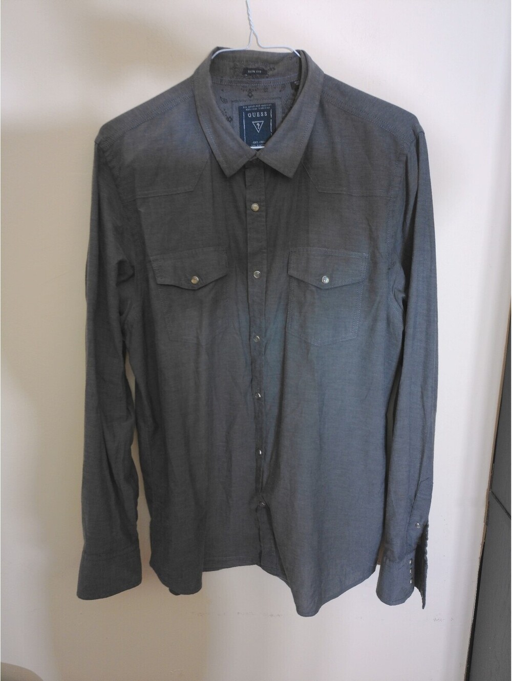Guess Mens Western Pearl Snap Shirt Size‎ XL Gray Slim Fit Long Sleeve